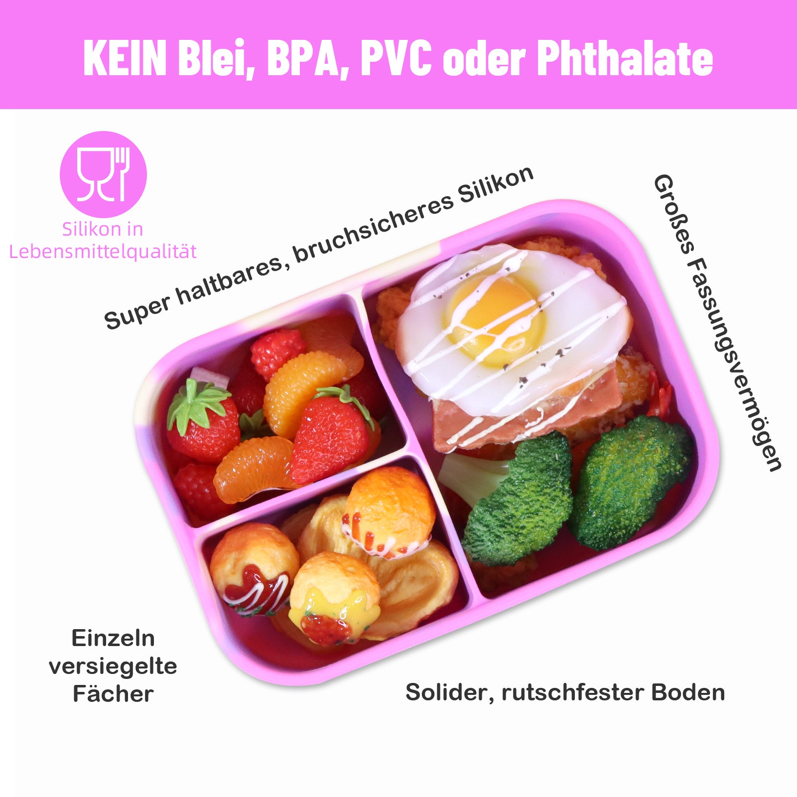 Siliconen lunchbox met 3 vakken - BPA-vrij